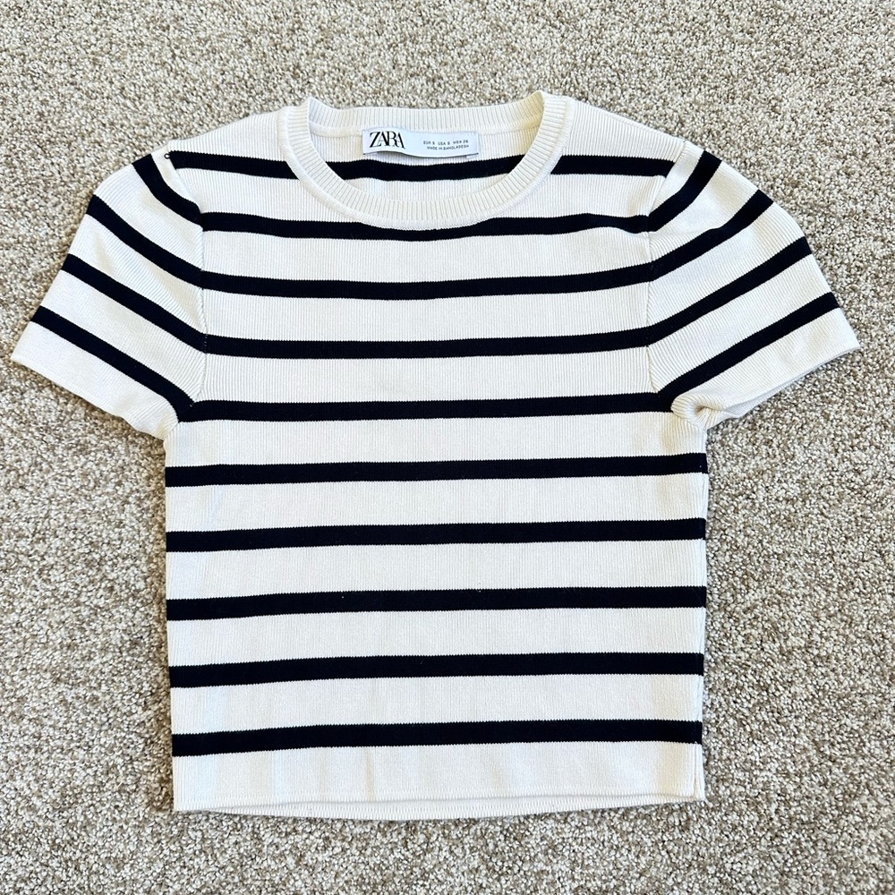 Zara Cream and Black Striped Knit Tee